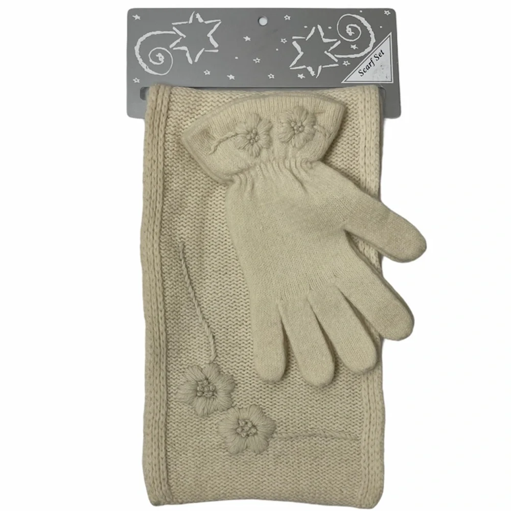 Floral Luxury Knit Scarf Gloves Set Ivory Cream Tan Beige Natural Luxury Scarves